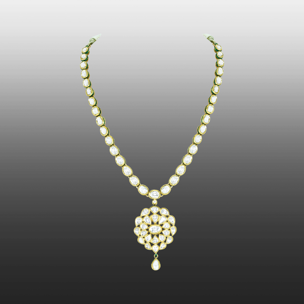 Linear Polki Necklace with Floral Pendant